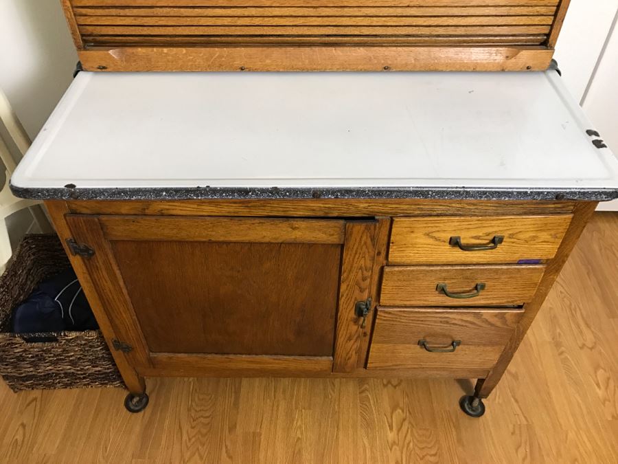 Antique Hoosier Cabinet Auto-Front With Sliding Porcelain Top And Brown Marbelized Glass Patented 1914 [Photo 7]