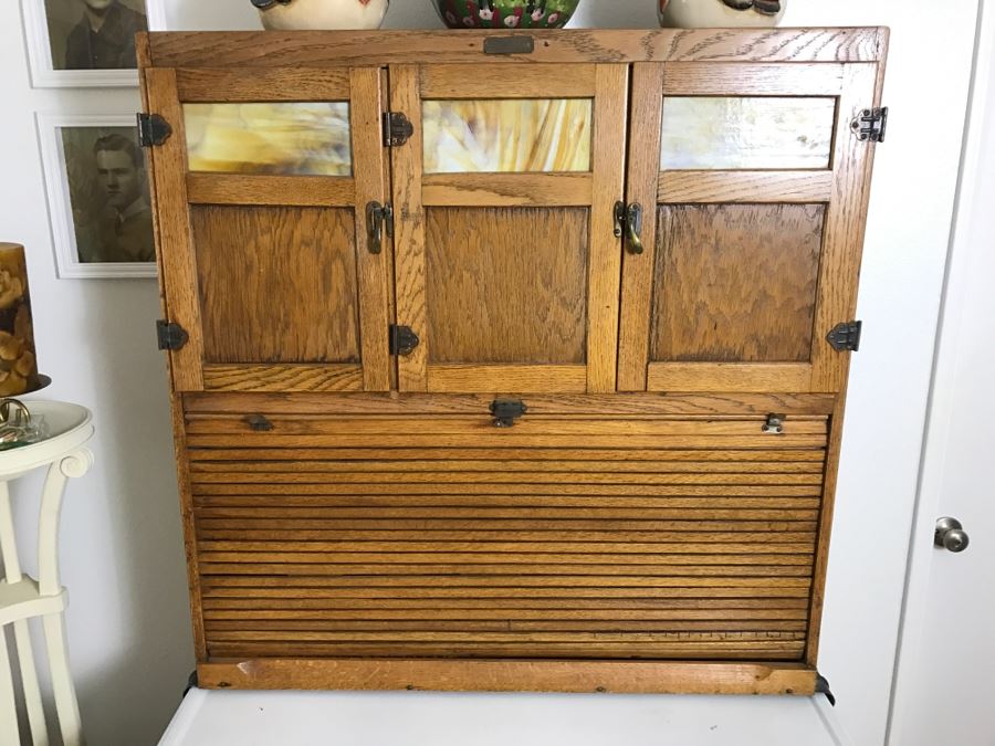 Antique Hoosier Cabinet Auto-Front With Sliding Porcelain Top And Brown  Marbelized Glass Patented 1914