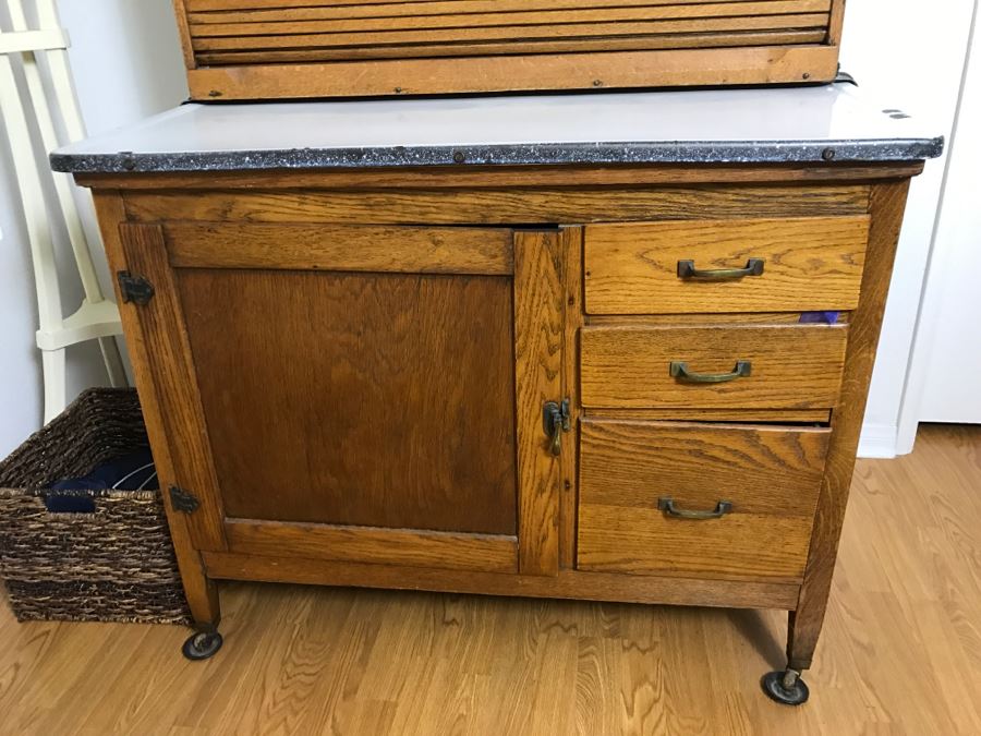 Antique Hoosier Cabinet Auto-Front With Sliding Porcelain Top And Brown Marbelized Glass Patented 1914 [Photo 5]