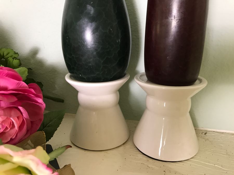 Artificial Flower Arrangements With Pair Of White Candle Holders [Photo 7]