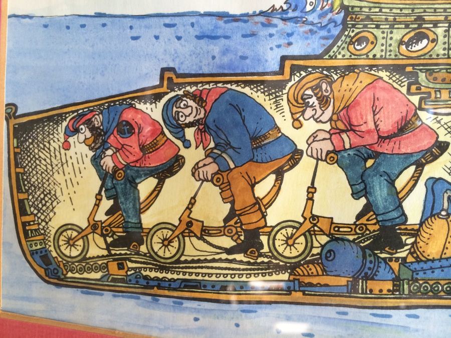 Hand-Painted Original British Watercolor Whimsical Submarine Drawings [Photo 5]