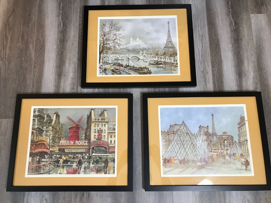 Set Of (3) Framed Paris Prints By Maurice Legendre Featuring Eifel Tower And Moulin Rouge [Photo 1]