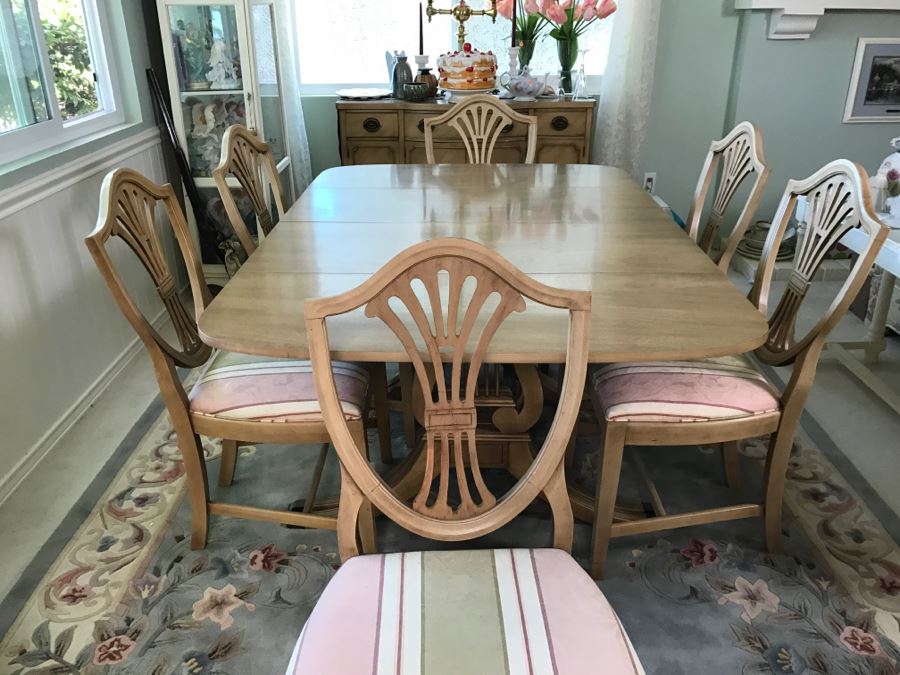 Stunning Drexel Duncan Phyfe Style Lyre Dining Table With (6) Chairs And (3) Leaves [Photo 13]