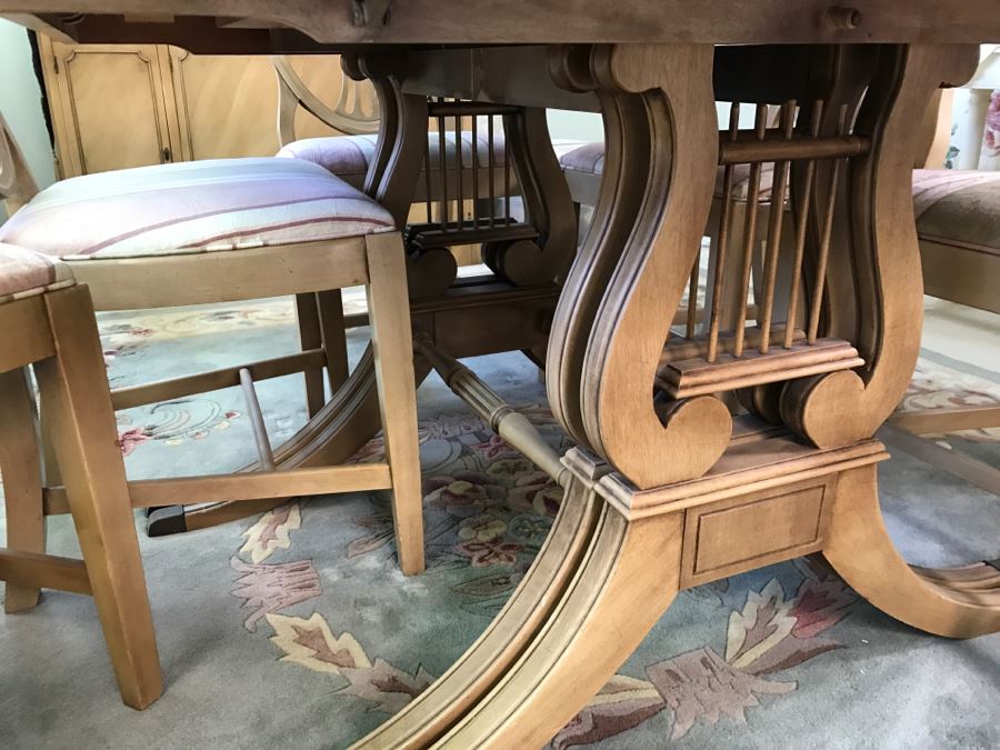 Stunning Drexel Duncan Phyfe Style Lyre Dining Table With (6) Chairs And (3) Leaves [Photo 11]