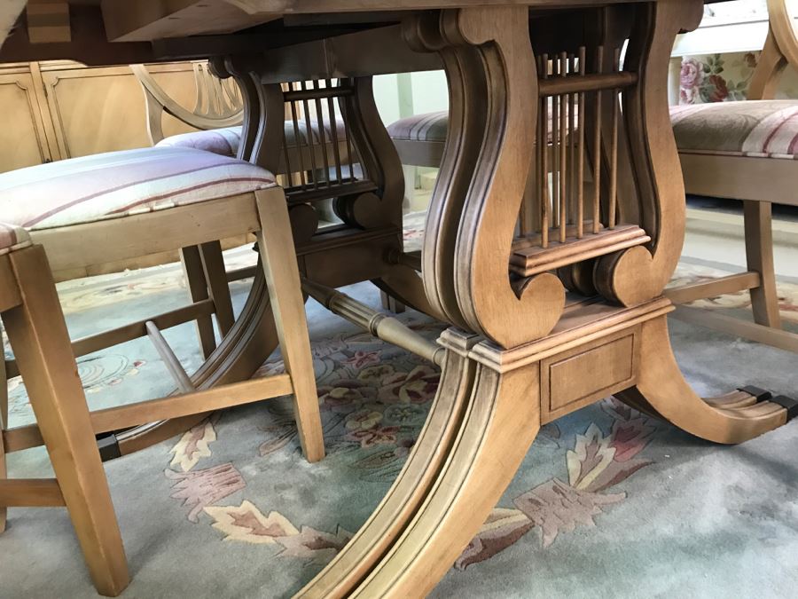 Stunning Drexel Duncan Phyfe Style Lyre Dining Table With (6) Chairs And (3) Leaves [Photo 10]