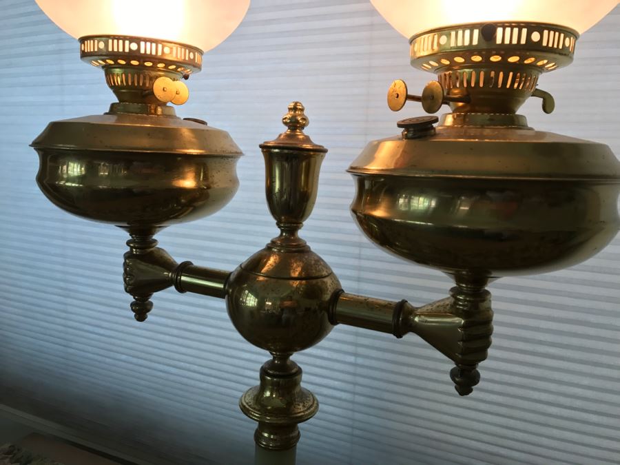 JUST ADDED - Antique Brass And Green Onyx Stone Electrified Kerosene Lamp With Fluted Glass Shades [Photo 6]
