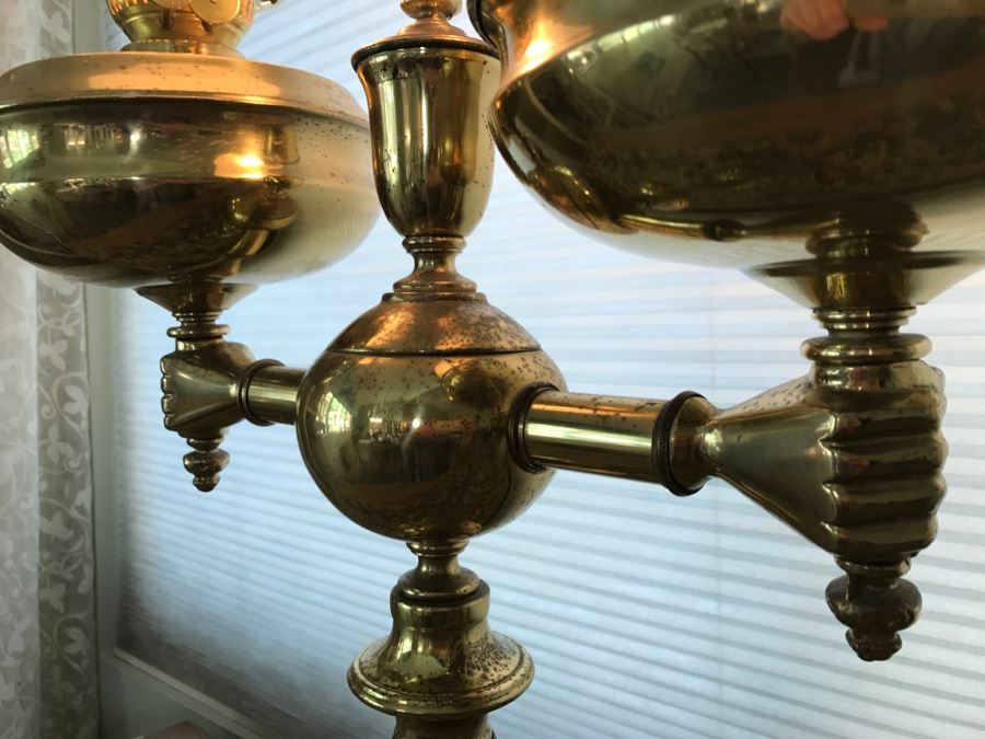 JUST ADDED - Antique Brass And Green Onyx Stone Electrified Kerosene Lamp With Fluted Glass Shades [Photo 11]