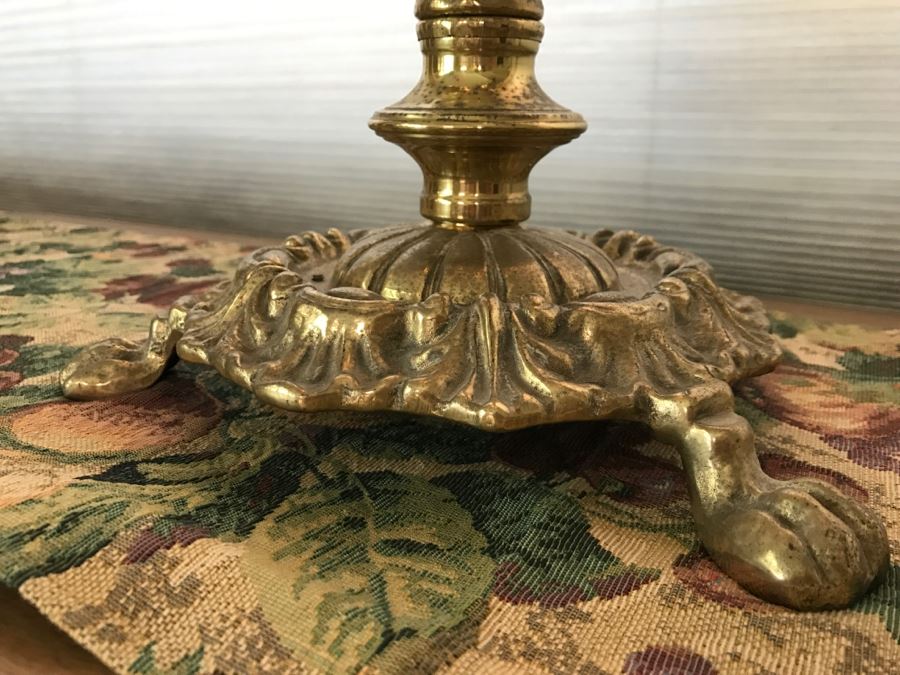 JUST ADDED - Antique Brass And Green Onyx Stone Electrified Kerosene Lamp With Fluted Glass Shades [Photo 14]