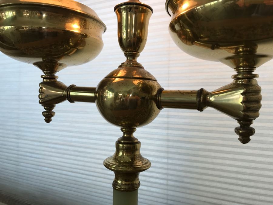 JUST ADDED - Antique Brass And Green Onyx Stone Electrified Kerosene Lamp With Fluted Glass Shades [Photo 12]