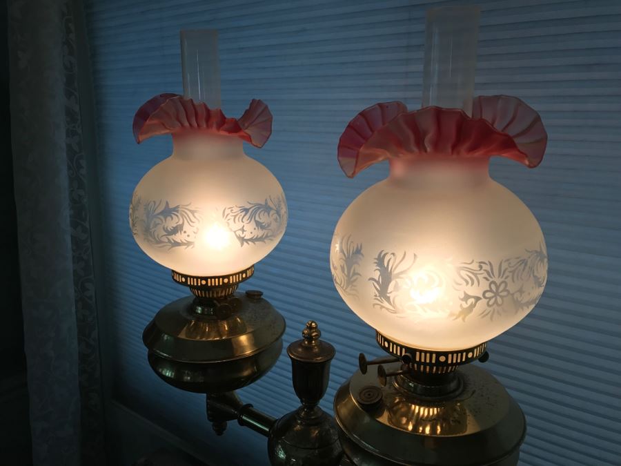 JUST ADDED - Antique Brass And Green Onyx Stone Electrified Kerosene Lamp With Fluted Glass Shades [Photo 5]