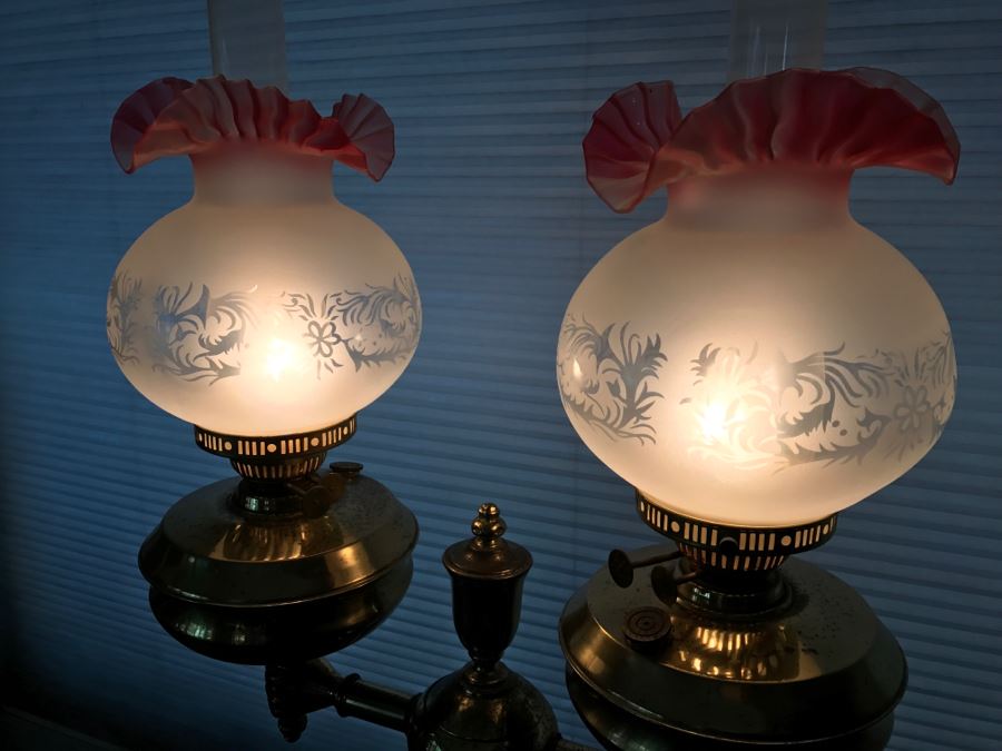 JUST ADDED - Antique Brass And Green Onyx Stone Electrified Kerosene Lamp With Fluted Glass Shades [Photo 15]