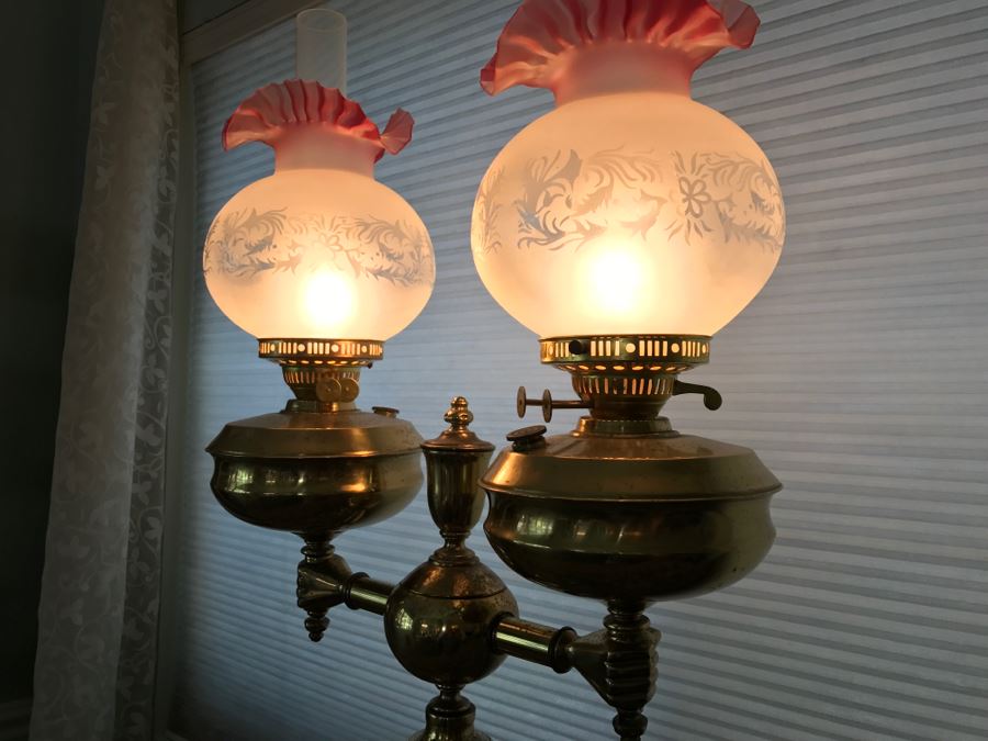 JUST ADDED - Antique Brass And Green Onyx Stone Electrified Kerosene Lamp With Fluted Glass Shades [Photo 10]