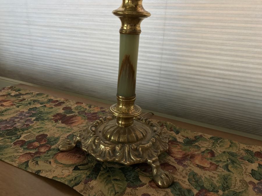 JUST ADDED - Antique Brass And Green Onyx Stone Electrified Kerosene Lamp With Fluted Glass Shades [Photo 7]