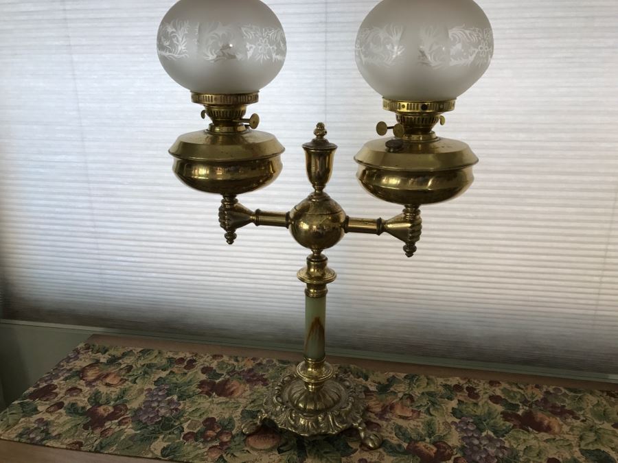 JUST ADDED - Antique Brass And Green Onyx Stone Electrified Kerosene Lamp With Fluted Glass Shades [Photo 16]