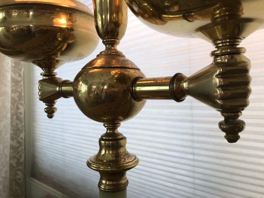 JUST ADDED - Antique Brass And Green Onyx Stone Electrified Kerosene Lamp With Fluted Glass Shades [Photo 9]