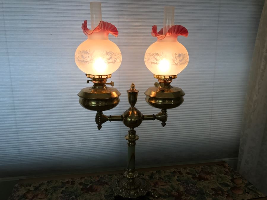JUST ADDED - Antique Brass And Green Onyx Stone Electrified Kerosene Lamp With Fluted Glass Shades [Photo 1]