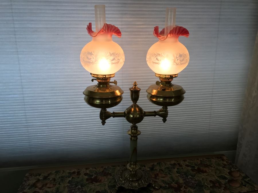 JUST ADDED - Antique Brass And Green Onyx Stone Electrified Kerosene Lamp With Fluted Glass Shades [Photo 3]