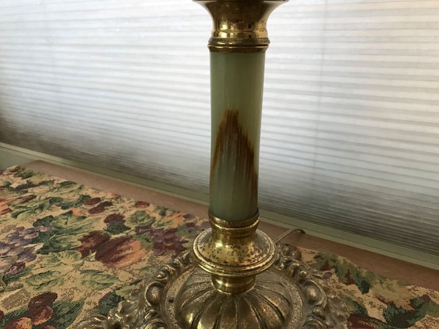 JUST ADDED - Antique Brass And Green Onyx Stone Electrified Kerosene Lamp With Fluted Glass Shades [Photo 8]