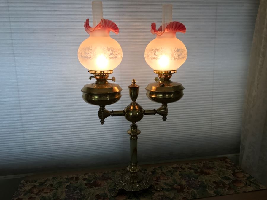 JUST ADDED - Antique Brass And Green Onyx Stone Electrified Kerosene Lamp With Fluted Glass Shades [Photo 4]