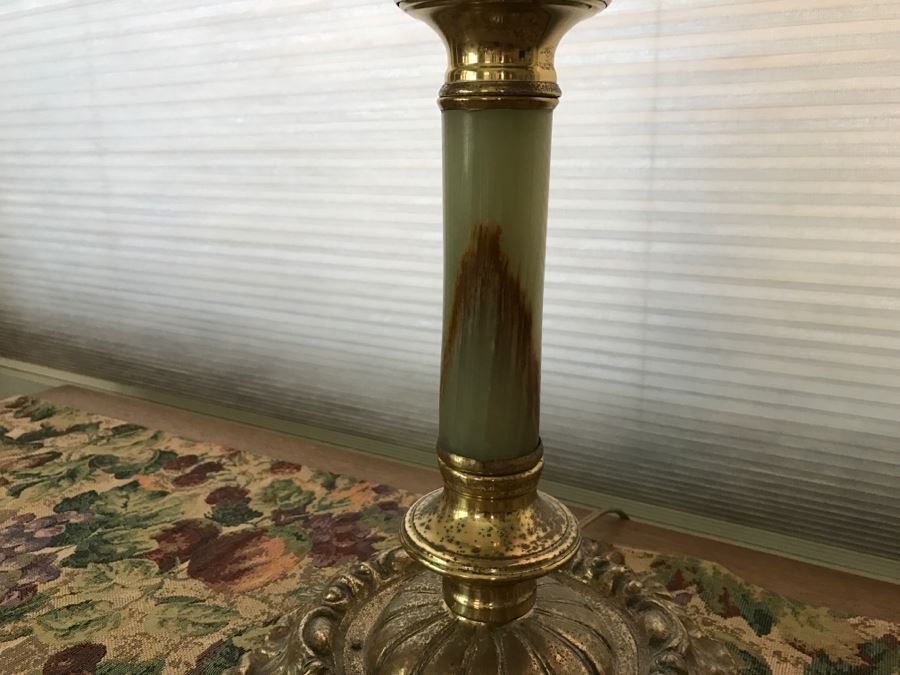 JUST ADDED - Antique Brass And Green Onyx Stone Electrified Kerosene Lamp With Fluted Glass Shades [Photo 13]