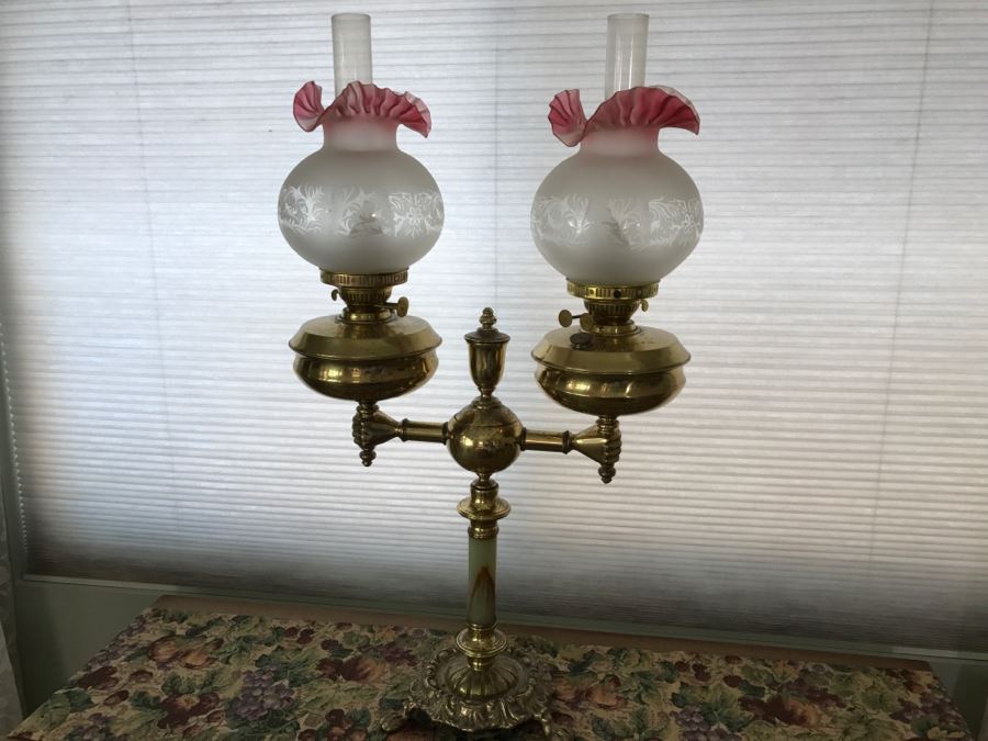 JUST ADDED - Antique Brass And Green Onyx Stone Electrified Kerosene Lamp With Fluted Glass Shades [Photo 2]
