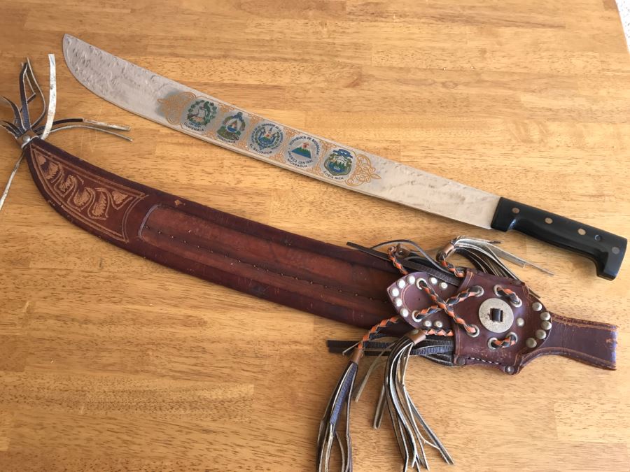 Vintage Corona No. 152K Machete Knife Made El Salvador With Leather Sheath