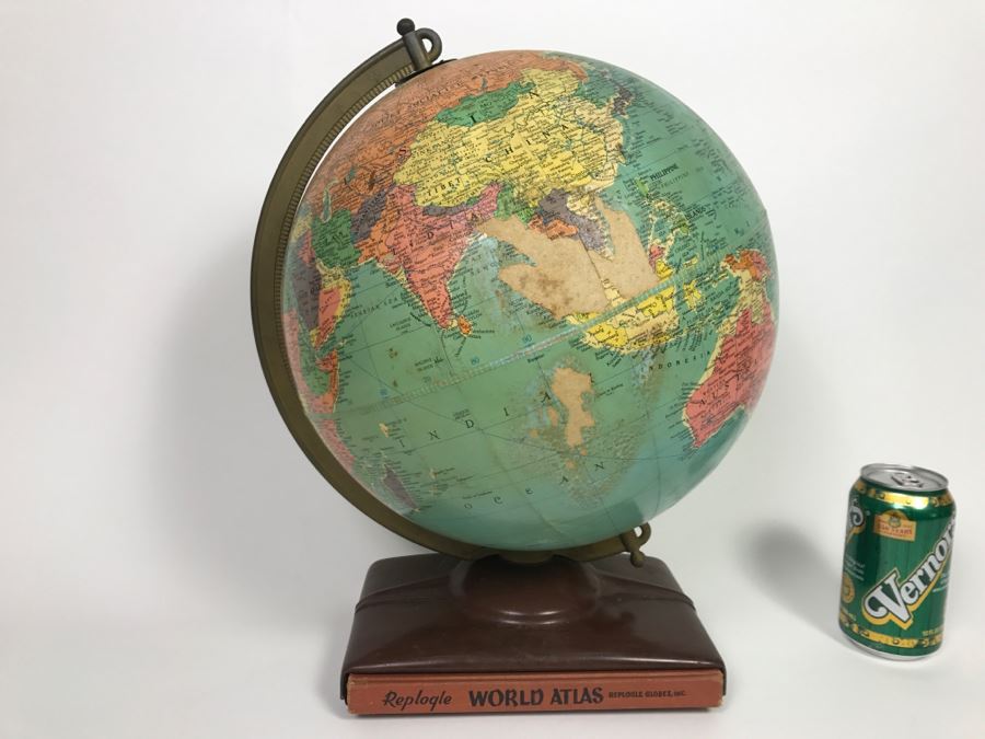 Vintage 1956 Replogle 12' Globe With Book Sleeve Built Into Stand And World Atlas Book - See Photos For Some Issues With Missing Parts On Globe [Photo 1]