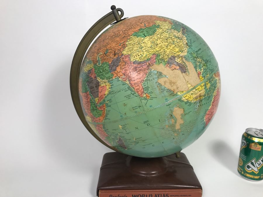 Vintage 1956 Replogle 12' Globe With Book Sleeve Built Into Stand And World Atlas Book - See Photos For Some Issues With Missing Parts On Globe [Photo 7]