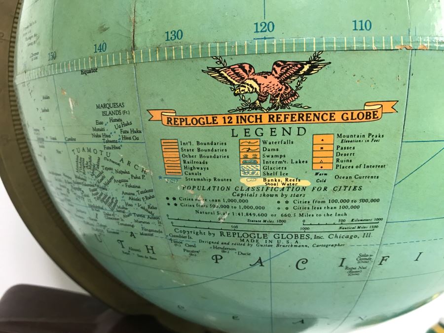 Vintage 1956 Replogle 12' Globe With Book Sleeve Built Into Stand And World Atlas Book - See Photos For Some Issues With Missing Parts On Globe [Photo 12]