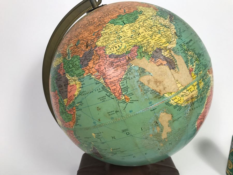 Vintage 1956 Replogle 12' Globe With Book Sleeve Built Into Stand And World Atlas Book - See Photos For Some Issues With Missing Parts On Globe [Photo 8]