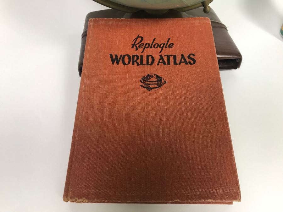Vintage 1956 Replogle 12' Globe With Book Sleeve Built Into Stand And World Atlas Book - See Photos For Some Issues With Missing Parts On Globe [Photo 3]