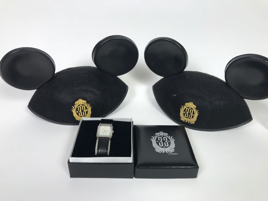 New Club 33 Disney Watch With Box And Pair Of Club 33 Disney Mickey Mouse Caps