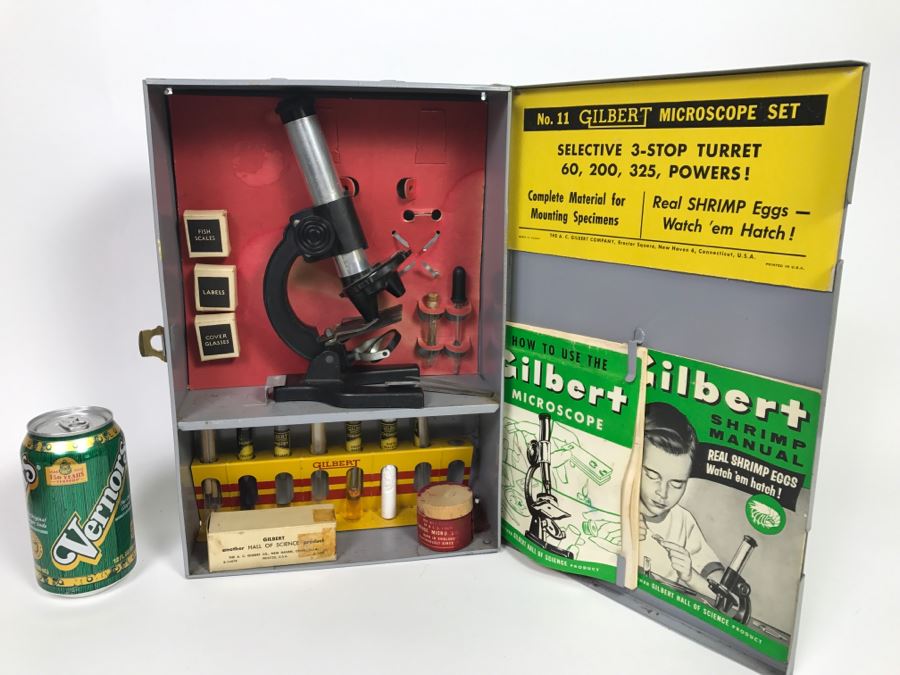 Vintage No. 11 Gilbert Microscope With Metal Case, Specimens And Manuals [Photo 1]