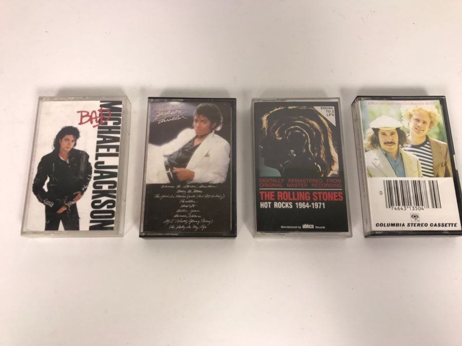 Vintage Cassette Tapes Michael Jackson Bad And Thriller, Rolling Stones Hot Rocks And Simon And Garfunkel