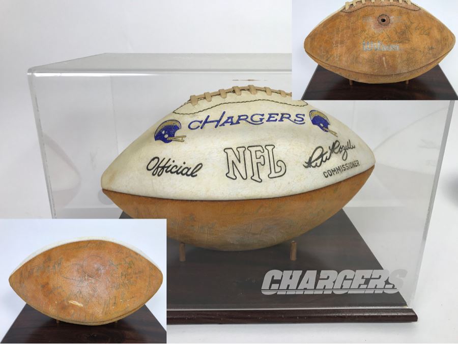 Vintage 1980's SIGNED Chargers Football With Display Case Dan Fouts, Charlie Joiner, John Cappelletti See Checks On Player Rooster List For All Signatures - Note Leather Is Very Dry And Cracking Needs Treatment [Photo 1]
