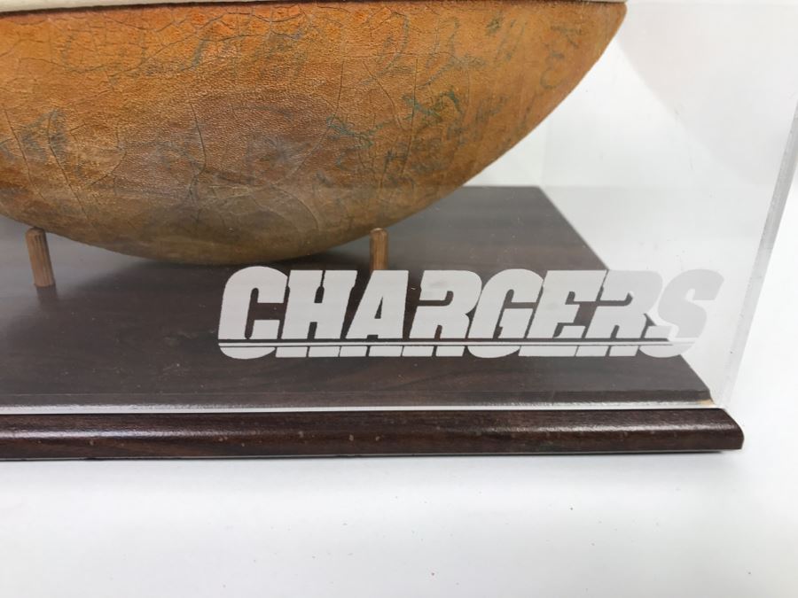 Vintage 1980's SIGNED Chargers Football With Display Case Dan Fouts, Charlie Joiner, John Cappelletti See Checks On Player Rooster List For All Signatures - Note Leather Is Very Dry And Cracking Needs Treatment [Photo 4]