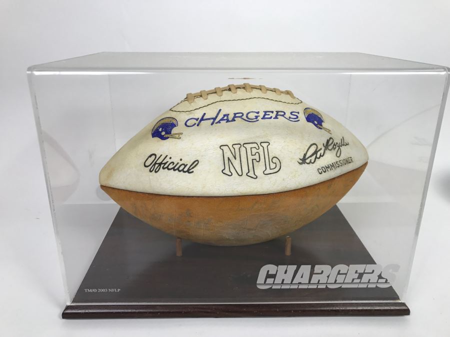 Vintage 1980's SIGNED Chargers Football With Display Case Dan Fouts, Charlie Joiner, John Cappelletti See Checks On Player Rooster List For All Signatures - Note Leather Is Very Dry And Cracking Needs Treatment [Photo 2]
