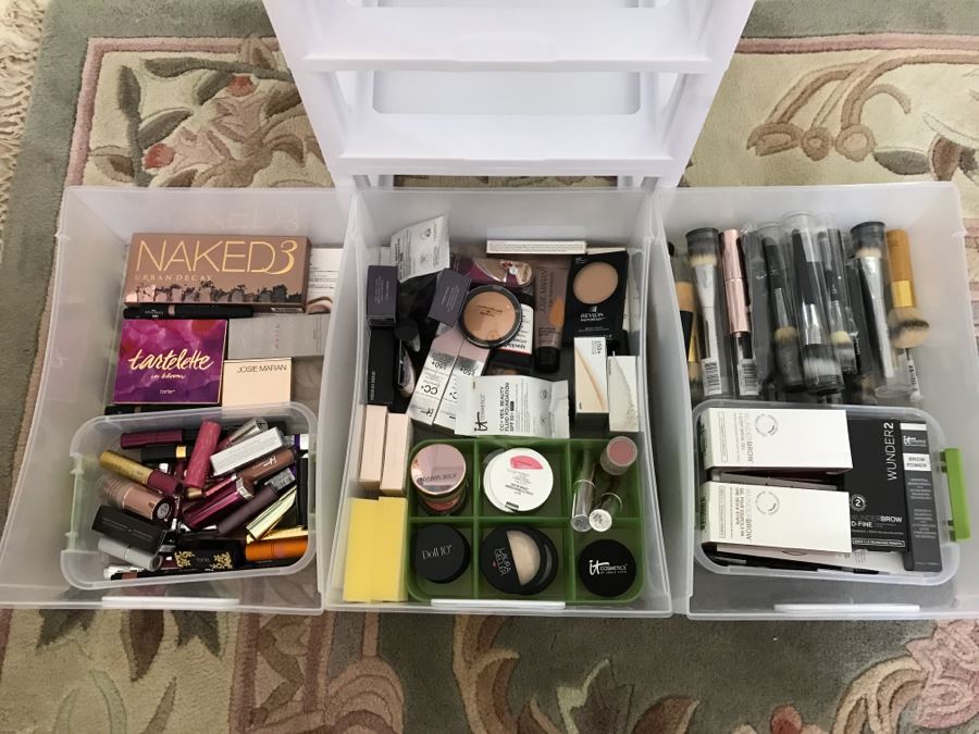 Huge Lot Of New Beauty Supplies Makeup With Plastic Storage Bin - See All Photos