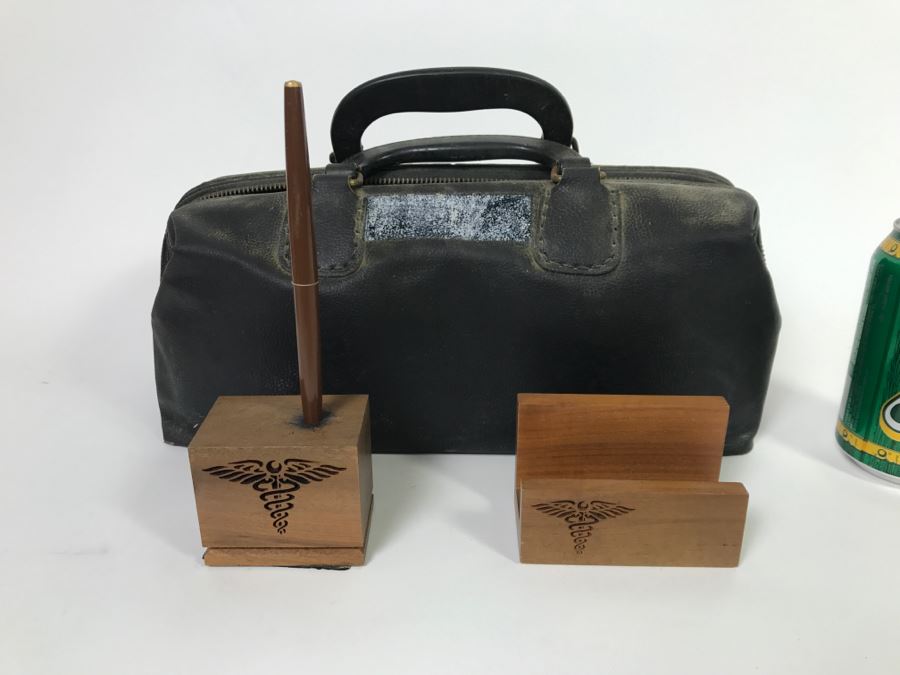 Black Leather Medical Bag With Military Medical Desk Set