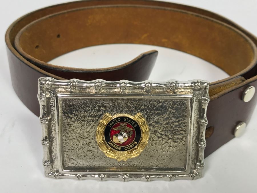 US Marine Corps Belt Buckle With Leather Belt Size 38 [Photo 3]
