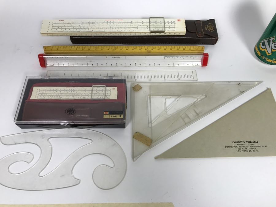 Vintage Drafting Supplies Including POST 1444K And Frederick Post 1452W Slide Rules [Photo 1]