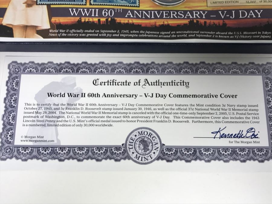 WWII 60th Anniversary V-J Day Commemorative Cover Morgan Mint Stamps And 1943 Lincoln Steel Penny Limited Edition 12,340 Of 30,000 [Photo 13]