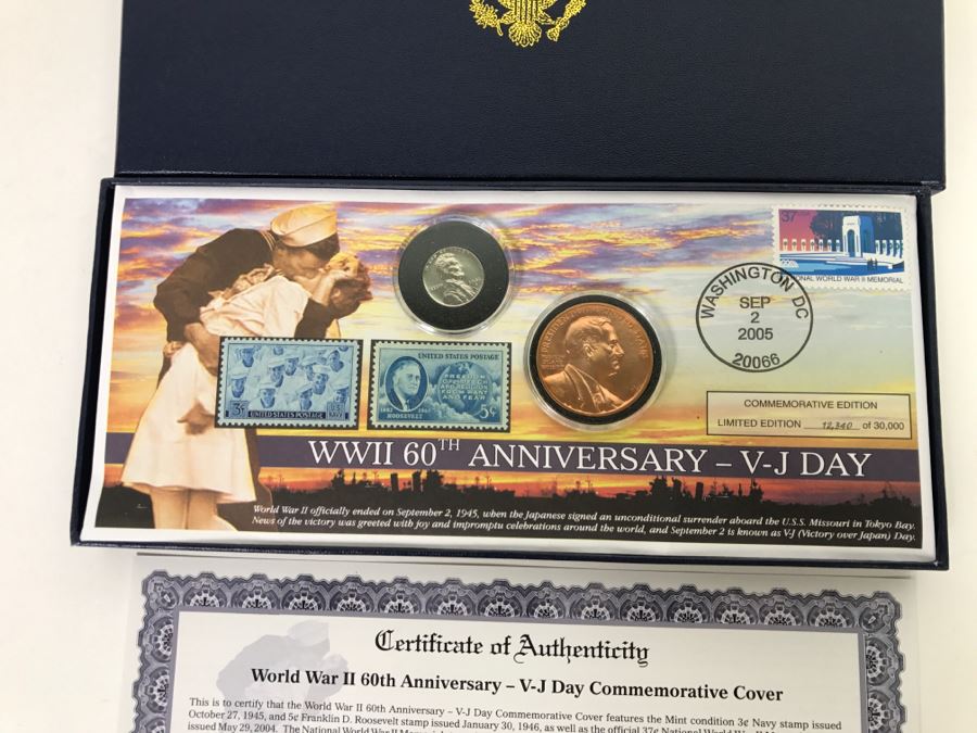 WWII 60th Anniversary V-J Day Commemorative Cover Morgan Mint Stamps And 1943 Lincoln Steel Penny Limited Edition 12,340 Of 30,000 [Photo 2]