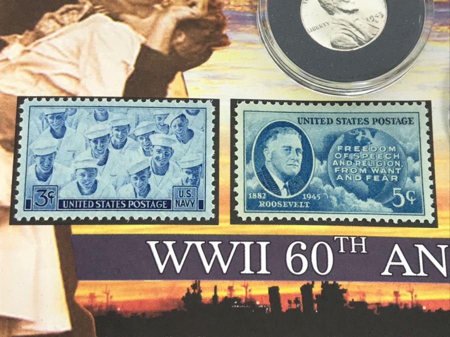 WWII 60th Anniversary V-J Day Commemorative Cover Morgan Mint Stamps And 1943 Lincoln Steel Penny Limited Edition 12,340 Of 30,000 [Photo 6]