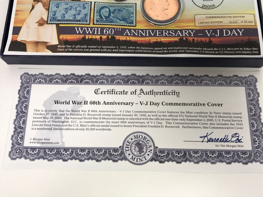 WWII 60th Anniversary V-J Day Commemorative Cover Morgan Mint Stamps And 1943 Lincoln Steel Penny Limited Edition 12,340 Of 30,000 [Photo 10]