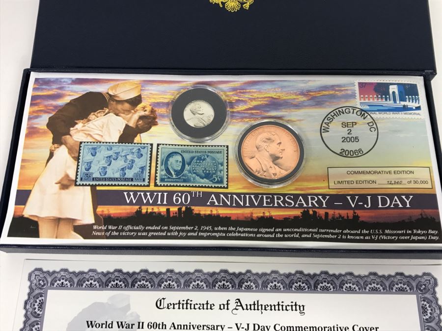 WWII 60th Anniversary V-J Day Commemorative Cover Morgan Mint Stamps And 1943 Lincoln Steel Penny Limited Edition 12,340 Of 30,000 [Photo 9]