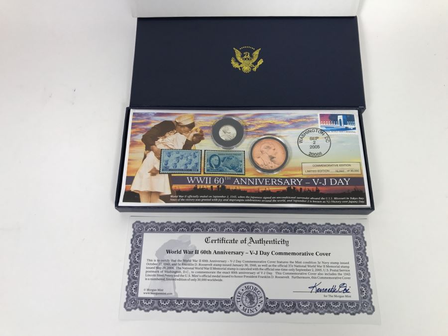 WWII 60th Anniversary V-J Day Commemorative Cover Morgan Mint Stamps And 1943 Lincoln Steel Penny Limited Edition 12,340 Of 30,000 [Photo 1]