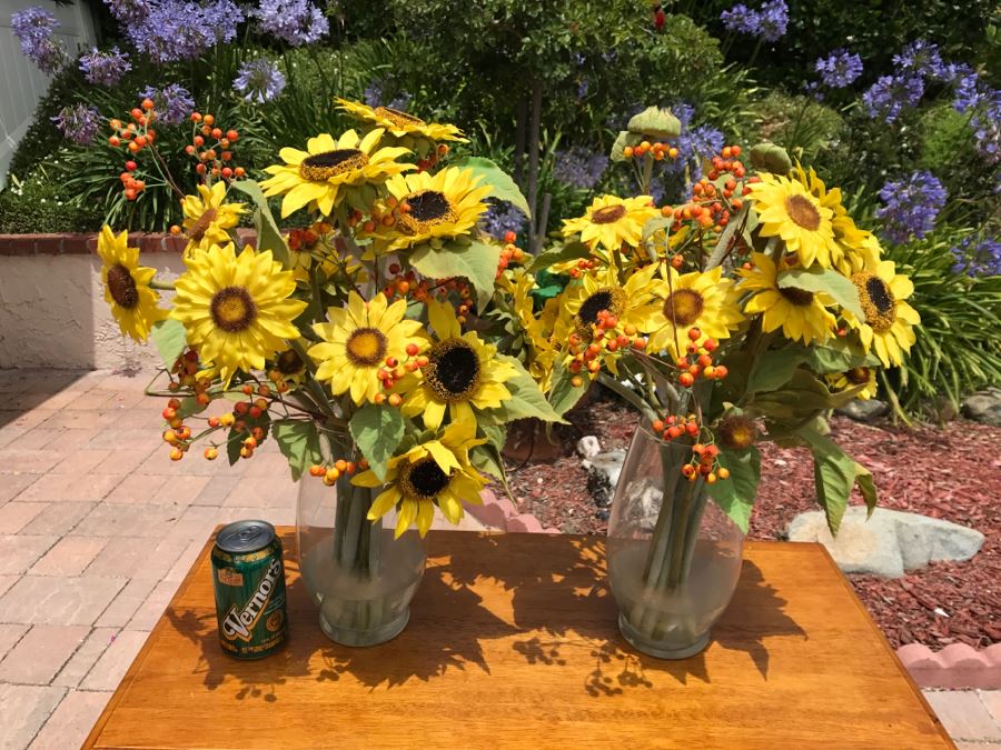 Pair Of Artificial Flower Displays Sunflowers With Vases [Photo 1]