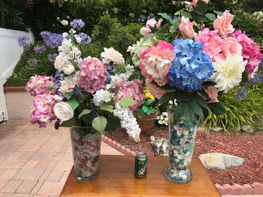 Pair Of Artificial Flower Displays With Vases Filled With Shells And Polished Glass [Photo 1]