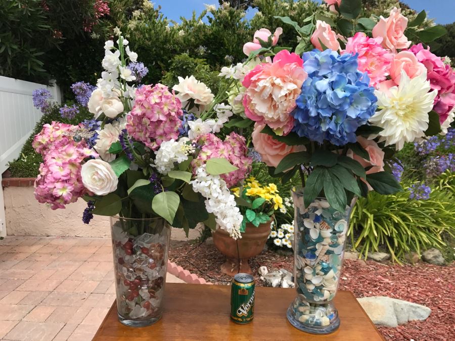 Pair Of Artificial Flower Displays With Vases Filled With Shells And Polished Glass [Photo 2]
